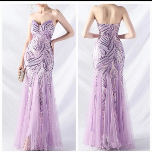 Purple, Striped Print, Sleeveless, Backless, Contrast Sequined Merma… - Picture 3 of 15